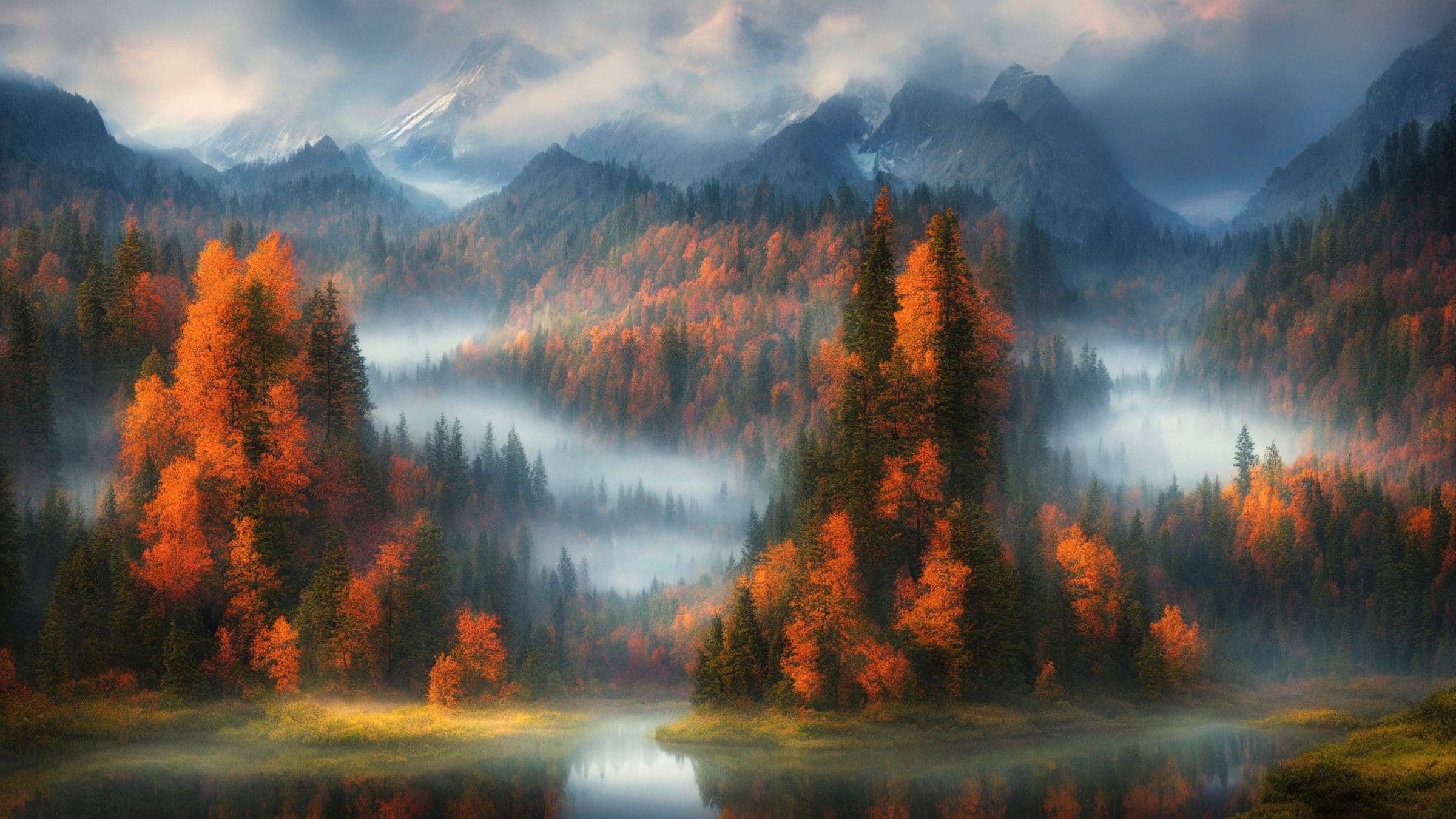 Fog drifting through a dense autumn forest, like the wilderness around Glastenbury Mountain
