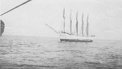 The five-masted schooner Carroll A. Deering photographed from the Cape Lookout lightship on January 28, 1921, days before her crew vanished