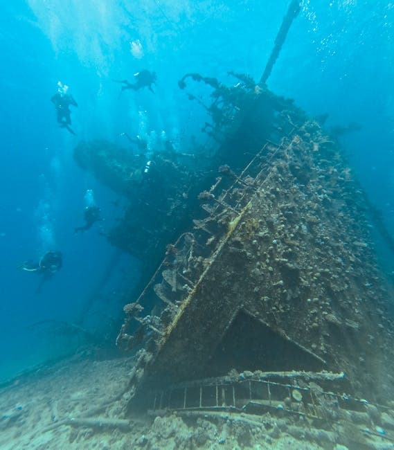 Divers exploring an underwater shipwreck, similar to the kind of deep-sea exploration conducted by the Ocean X Team