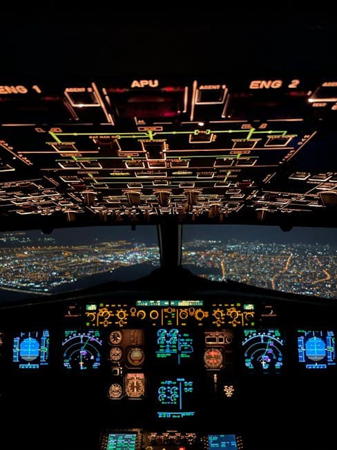 Aircraft cockpit with illuminated controls and instrument panels at night