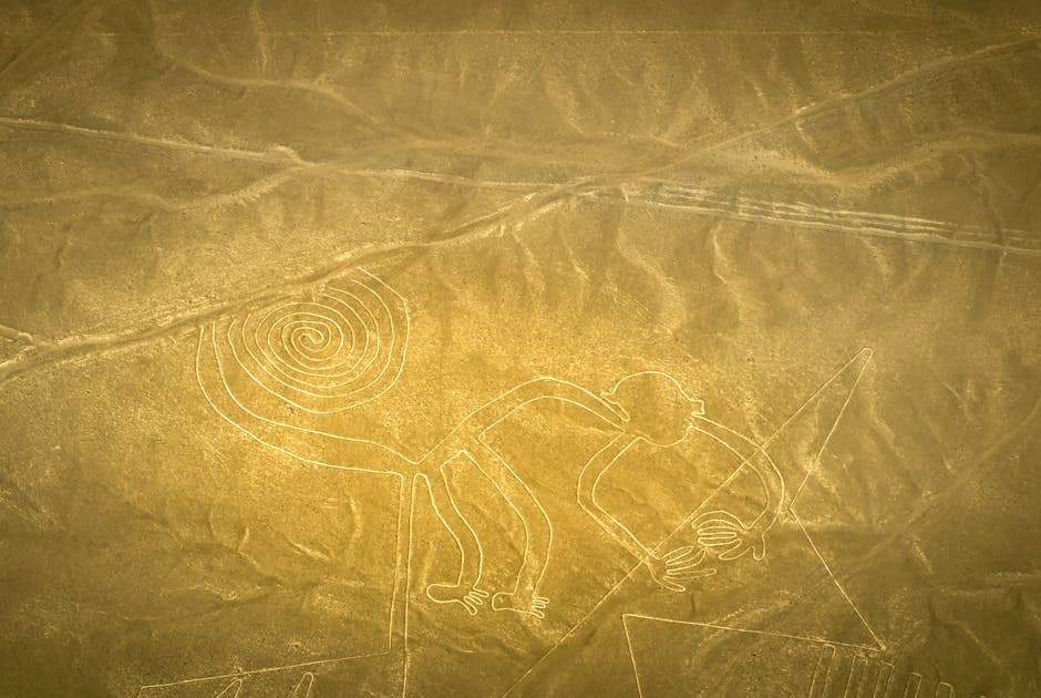 Aerial view of the Nazca Lines monkey geoglyph showing the spiraling tail and distinctive body shape
