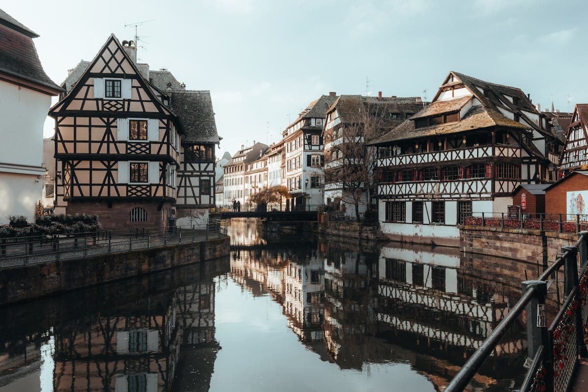 Picturesque half-timbered houses along a canal in Strasbourg, France