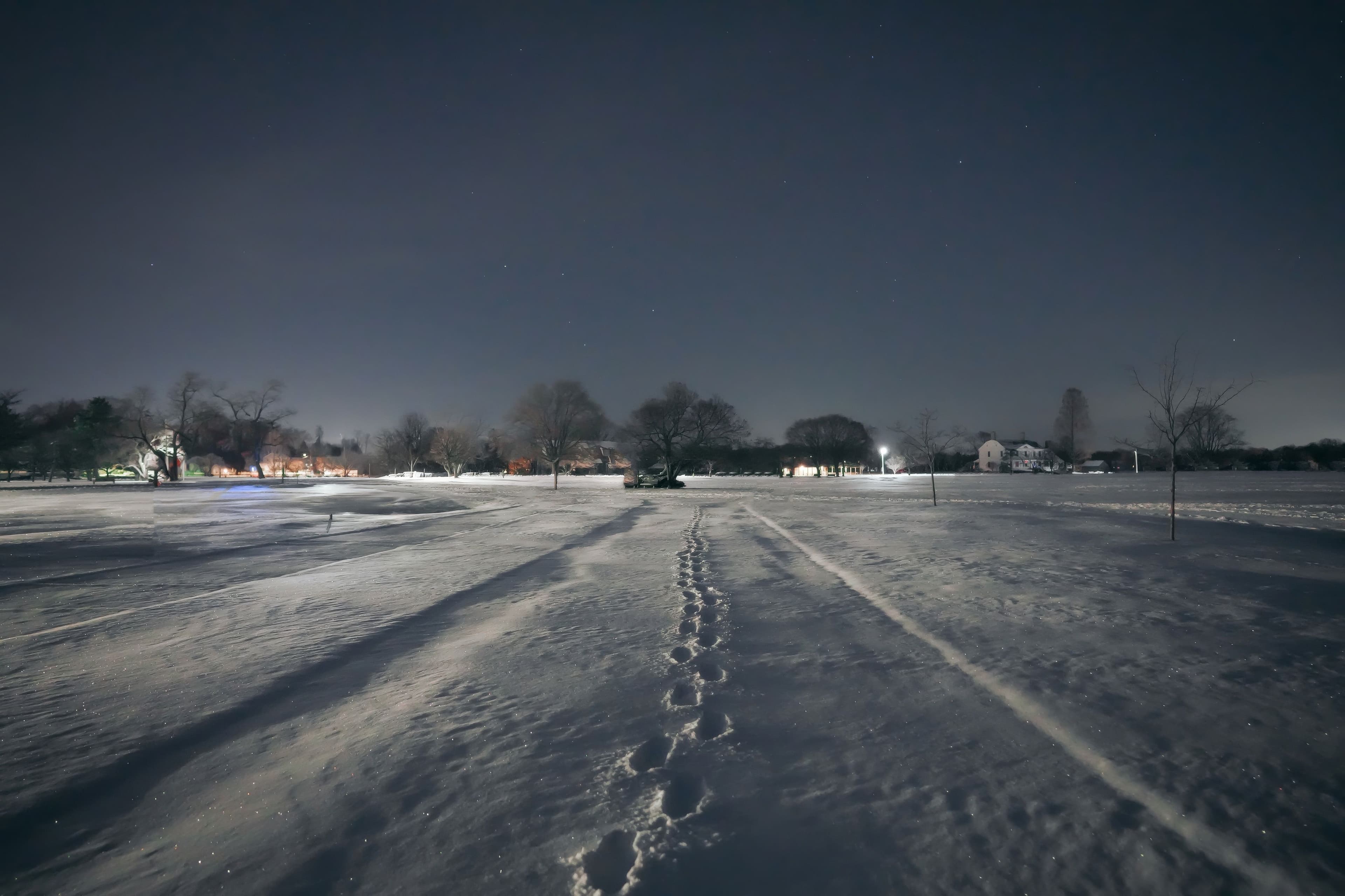 A line of footprints crossing a snowy field at night under a clear sky