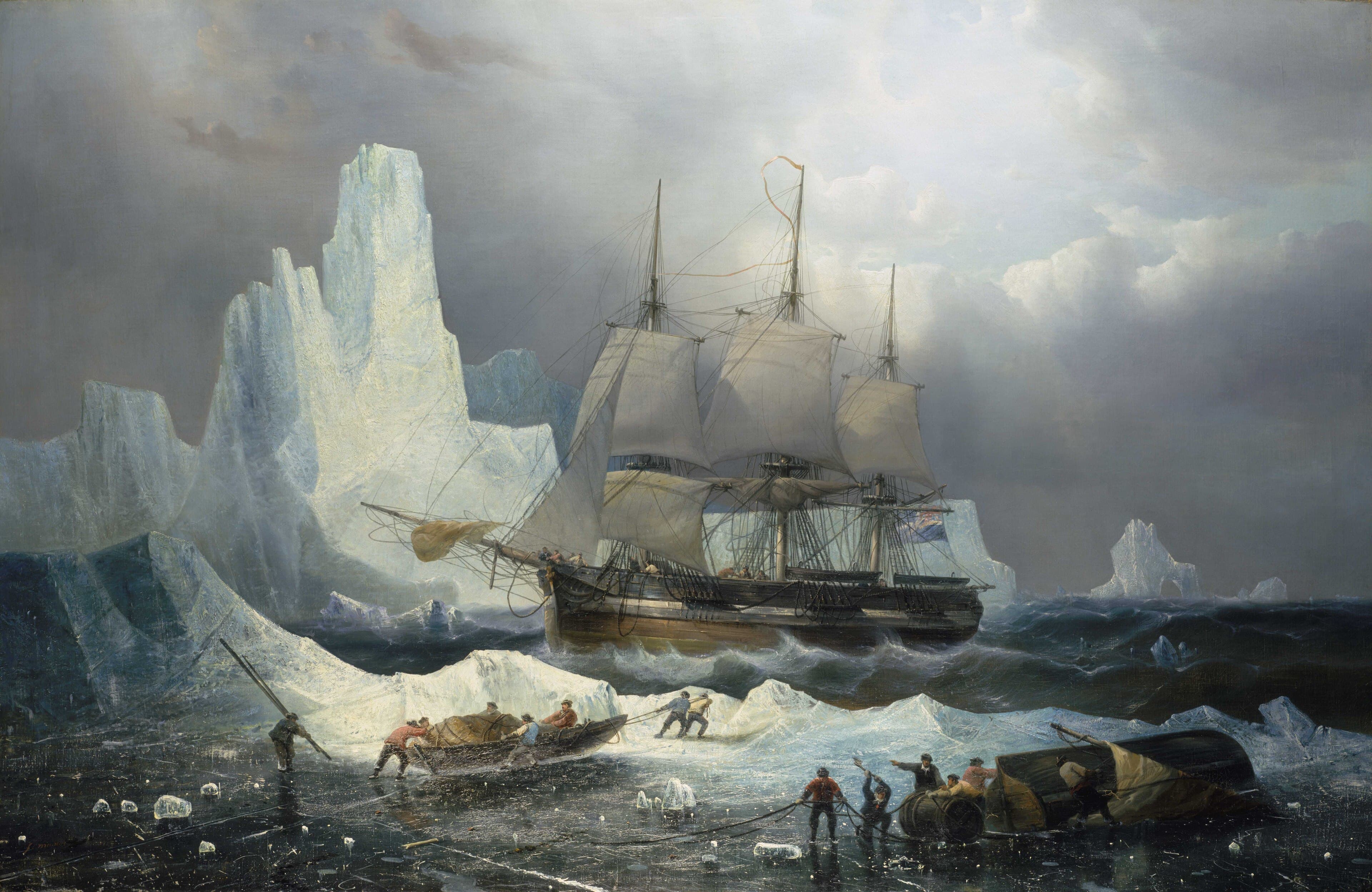 François Musin's 1846 painting of HMS Erebus heeling against walls of Arctic pack ice under a cold sky.