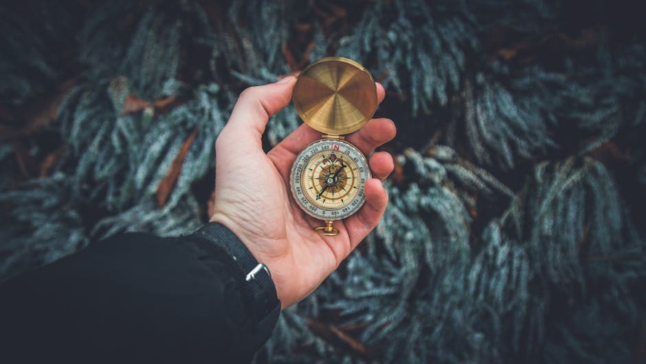 A hand holding a compass against a natural backdrop, representing the navigational challenges that have plagued travelers through the Bermuda Triangle