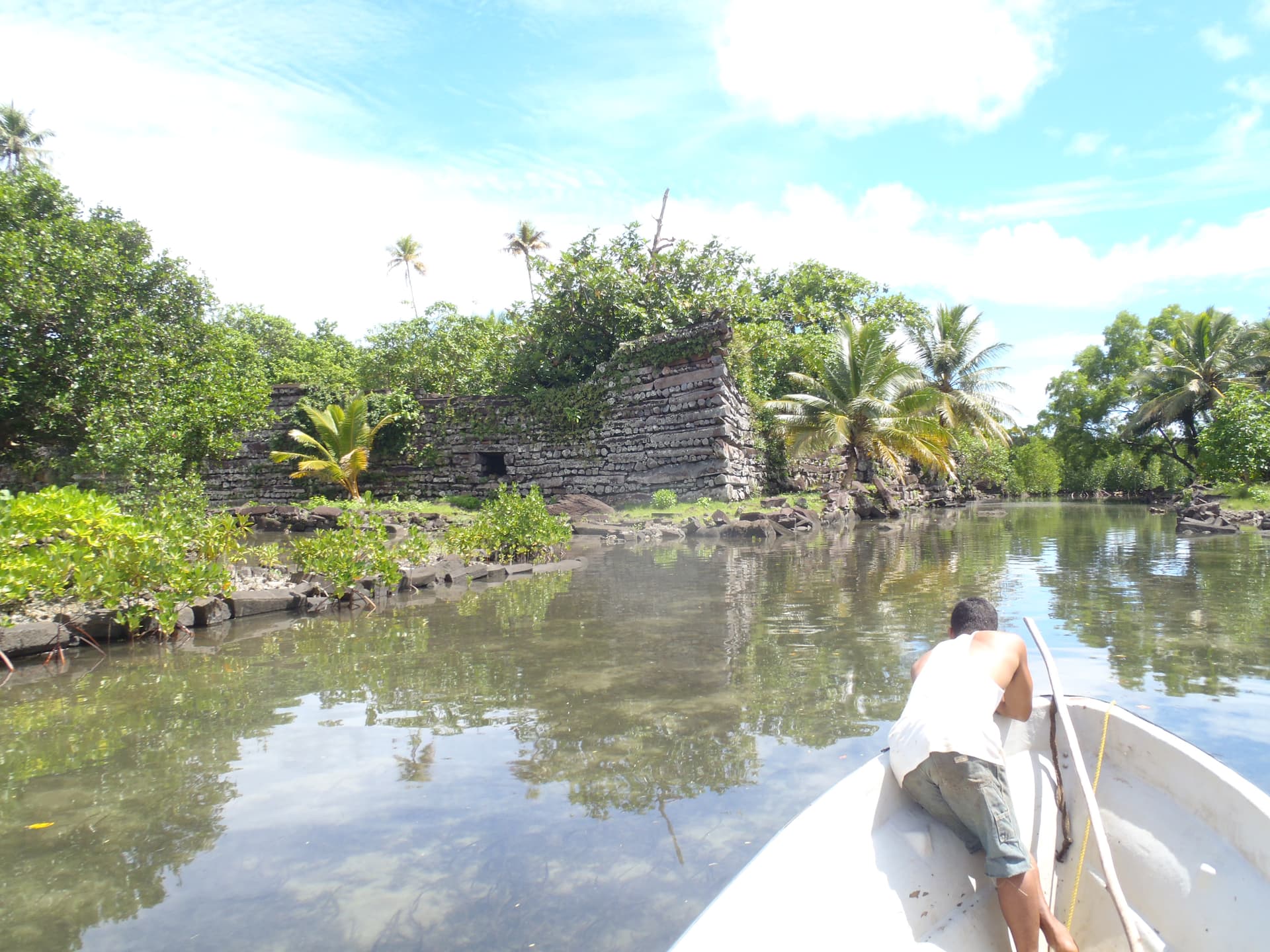 Walls of stacked hexagonal basalt columns at Nan Madol, with mangroves and water nearby
