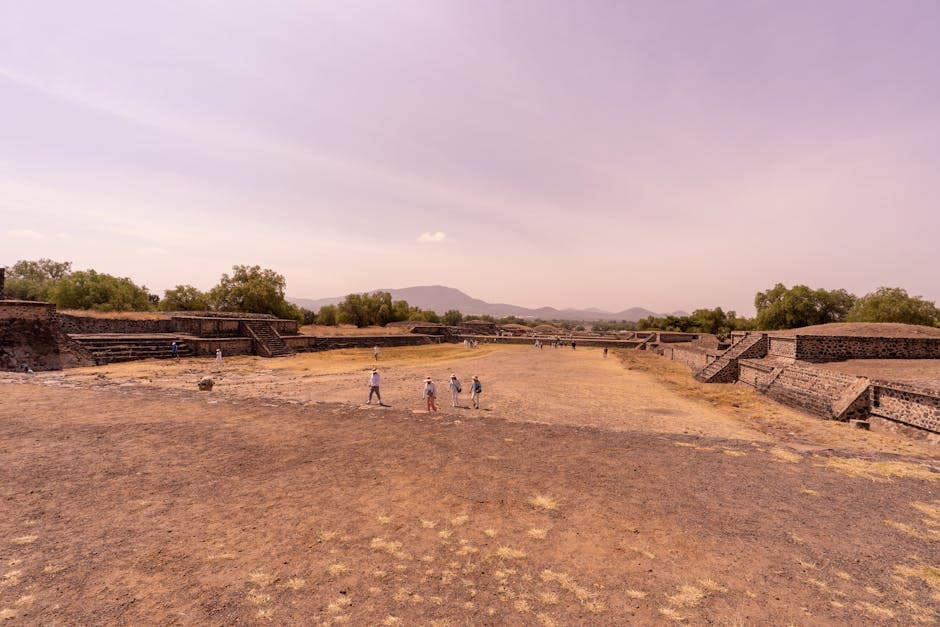 Wide-angle view of the ancient Teotihuacan site showing historical ruins under a clear sky